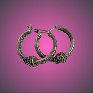 Stamped 925 sterling silver & marcasite hoop earrings knot detail